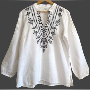 TWEEDS 100% Linen Boho Lightweight Embroidered Minimalist Feminine Blouse Sz L